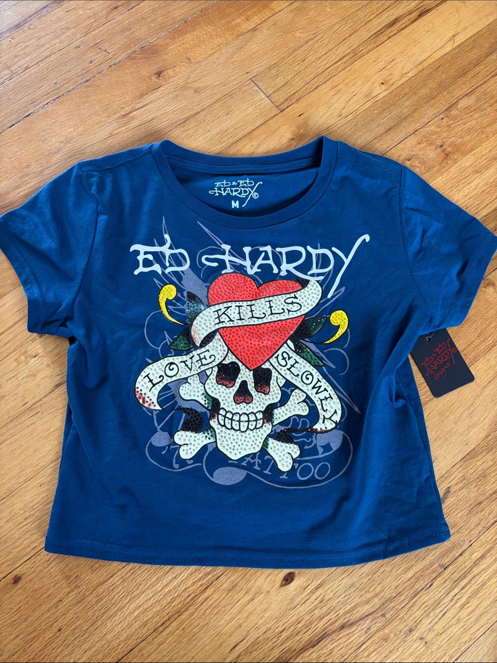 Ed Hardy Blue rhinestone Graphic Tee with Heart & Skull